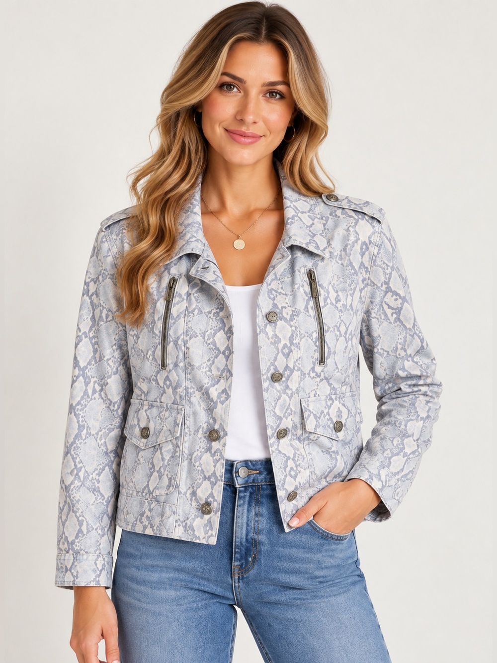 NEW Vintage Inspired Blue Snake Cropped Denim Jacket Size Medium